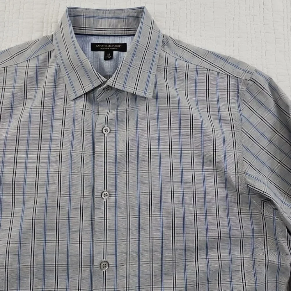 Banana Republic Non-Iron Shirt Men's M Gray Blue Check Slim‎ Fit EUC Long Sleeve